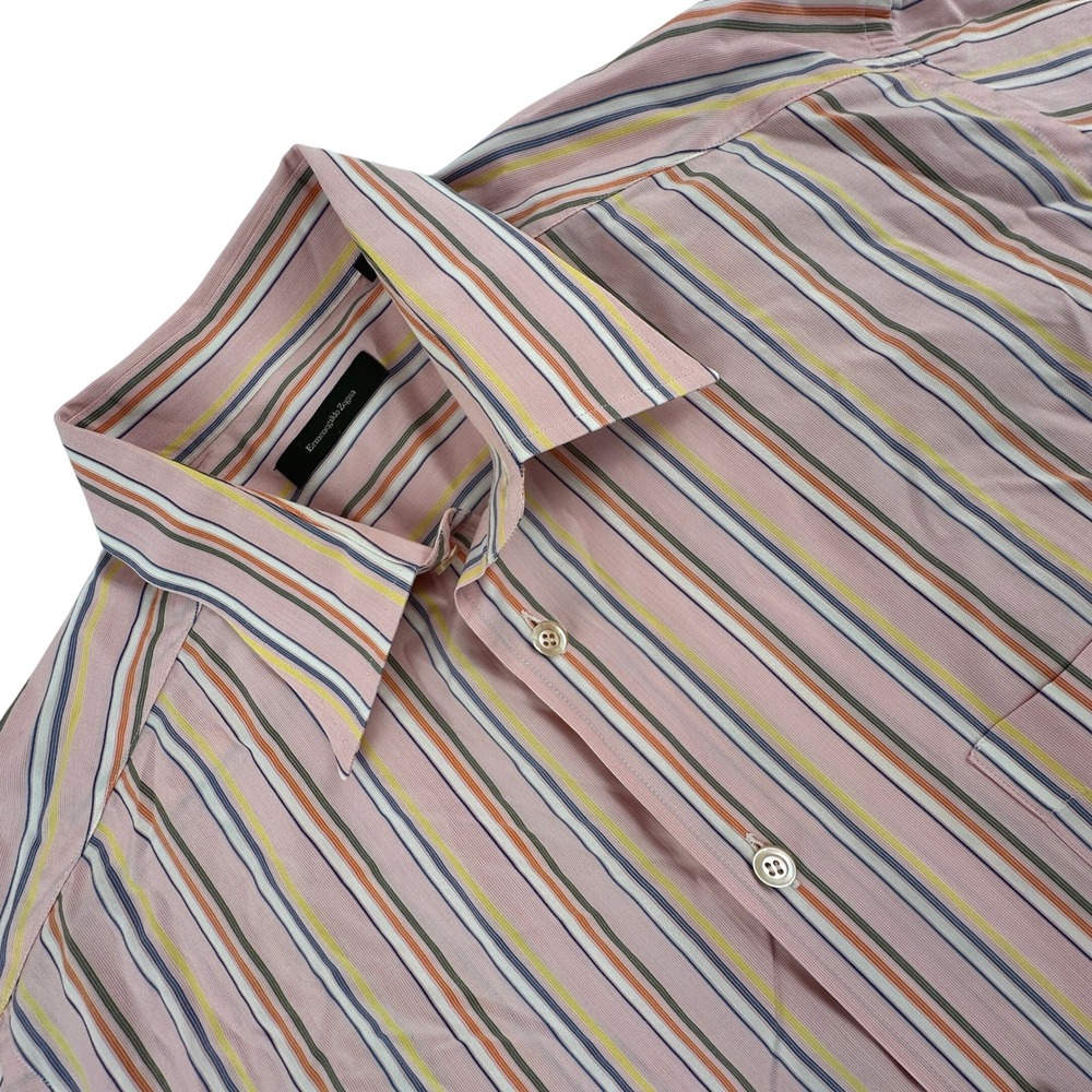 Ermenegildo Zegna Men XXL Button Down Shirt Pink Multi Stripe Long Sleeve Cotton